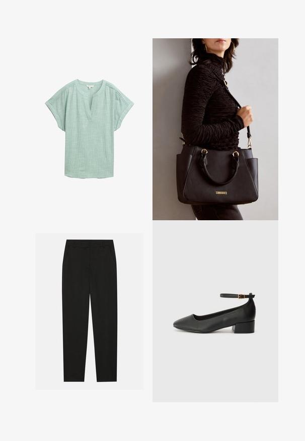 Lys grøn bluse med korte ærmer, en V-udskæring og en struktureret vævning. Har subtile syninger langs skuldrene.; Sorte bukser med en skræddersyet design, der har sidelommer og lige ben. Lavet af glat, letvægtsstof med en elegant finish.; Sorte læderpumper med spids tå og en lav blokhæl. Har en ankelrem med en guldfarvet spænde. Glat tekstur.; Sort håndtaske med struktureret overflade, dobbelt topbærere og justerbar skulderrem. Udstyret med guldfarvet metalhardware og sidelommer.