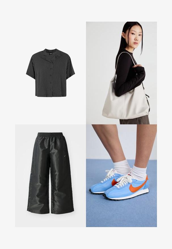 Must-valge triibuline lühikeste varrukatega särk, millel on sälguga krae ja nööpidega esiosa, omaduseks on kutseline lõige ja kerge kangas.; Mustad mustad sportsipüksid läikiva, siledaga kangaga, pa elastse vöökoha, laia sääre ja väikese logoga vasakul küljel.; Sinine võrk- ja nahast tossud oranžide detailide ja valgete paeltega. Must kummist tallaga. Kantud valgete sokkidega sinisel pinnal.; Bež käekott pehme materjali, millel on lõtv disain, õmblustega detailid ja kaks õlarihma. Sobib igapäevaseks kasutamiseks.