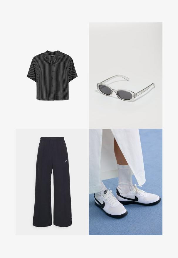 Black and white striped short-sleeve shirt with a notched collar and button front, featuring a boxy cut and lightweight fabric.; Black wide-leg pants with an elastic waistband and a small white Nike logo. Fabric has a smooth texture, designed for comfort and casual wear.; White Nike sneakers with black accents, featuring a smooth leather upper, white laces, and sturdy rubber outsoles, paired with white ribbed socks.; Sunglasses with an oval shape, clear plastic frame, dark gray lenses, and thin transparent arms featuring logo accents and minimal detailing.