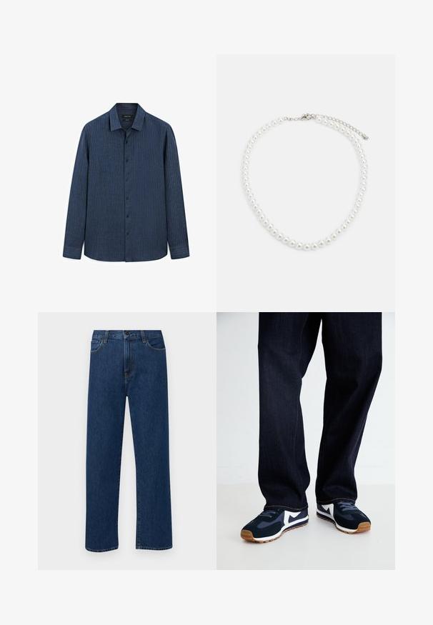 Blue striped button-up shirt with a collar, long sleeves, black buttons, and a straight hem. Made of a lightweight fabric with subtle texture.; Dark blue straight-leg denim jeans with front pockets and a button closure, displayed on a plain white background.; Navy and white athletic shoes with a textured upper, laces, and rubber sole, paired with dark denim pants with orange stitching.; White pearl necklace with a uniform round shape, smooth surface, and metal clasp with an extension chain for adjustable length.