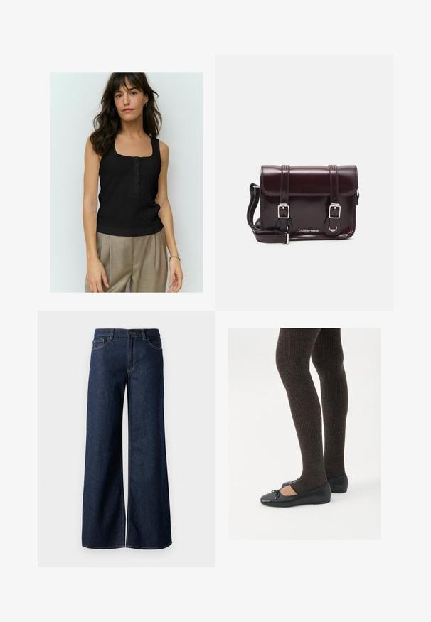 Sort ærmeløs top med et struktureret mønster, firkantet halsudskæring og fire knapper fortil. Stylet med beige højtaljede bukser.; Bredde ben jeans i mørkeblå denim. Har kontrastsyninger, fem lommer og en knaplukning i taljen. Glat tekstur.; Sorte flade sko med en lille sløjfedetalje ved tåen, parret med mørkebrune ribbede strømpebukser. Skoene har en glat overflade og lav profil.; Burgunderfarvet patentlæder crossover taske med rektangulær form, to remme, sølv hardware og flaplukning.