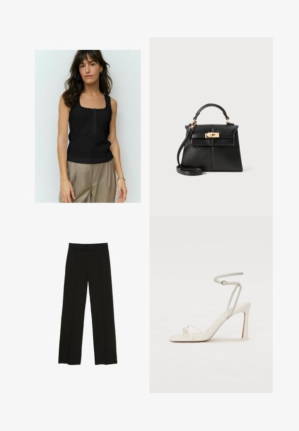 Top negru fără mâneci, cu un model texturat, decolteu pătrat și patru butoane în față. Asortat cu pantaloni bej cu talie înaltă.; Pantaloni largi negri, confecționați dintr-un material fin, cu un talie ajustată și pliuri frontale subtile pentru un plus de textură.; Sandale albe cu toc, având un brâu subțire la gleznă și două brâuri frontale. Textură de piele netedă, cu vârf pătrat și toc lucios.; Pungă de piele neagră cu un design structurat, mânere de sus, curea detașabilă și accesorii de culoare aurie pentru închiderea magnetică.