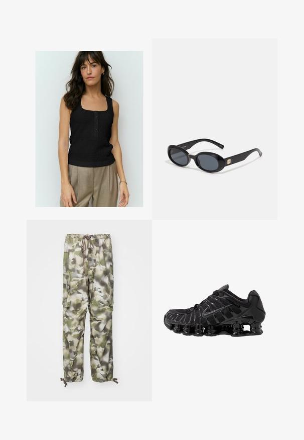 Svart ärmlös topp med ett texturerat mönster, kvadratisk halsringning och fyra framknappar. Stylad med beige högmidjade byxor.; Cargo-byxor i kamouflage-mönster med nyanser av grönt och grått, elastisk midja med dragsko och två sidofickor.; Svart sportskor med ovandel i mesh och blanka detaljer. Har böjliga fjädrar för dämpning och texturerade linjer på sidan. Nike-logotypen är synlig.; Svarta ovala solglasögon med mörka linser, blank plastbåge, breda skaft och en liten guldkant på en sida.