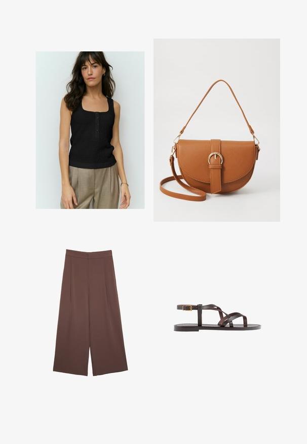 Crna majica bez rukava s teksturiranim uzorkom, četvrtastim izrezom i četiri gumba sprijeda. U kombinaciji s bež hlačama visokog struka.; Smeđe hlače širokog kroja s glatkom teksturom, koje imaju visok struk i nabore sprijeda. Tkanina je lagana i slobodno se kreće.; Smeđe kožne sandale s iskrižanim trakama, umetkom za zapešće s kopčanjem i ravnim potplatom s minimalnim detaljima šivanja.; Smeđa kožna torba preko tijela s zakrivljenim oblikom, zlatnim metalnim detaljima i naglaskom na kopču. Ima odvojivu naramenicu.