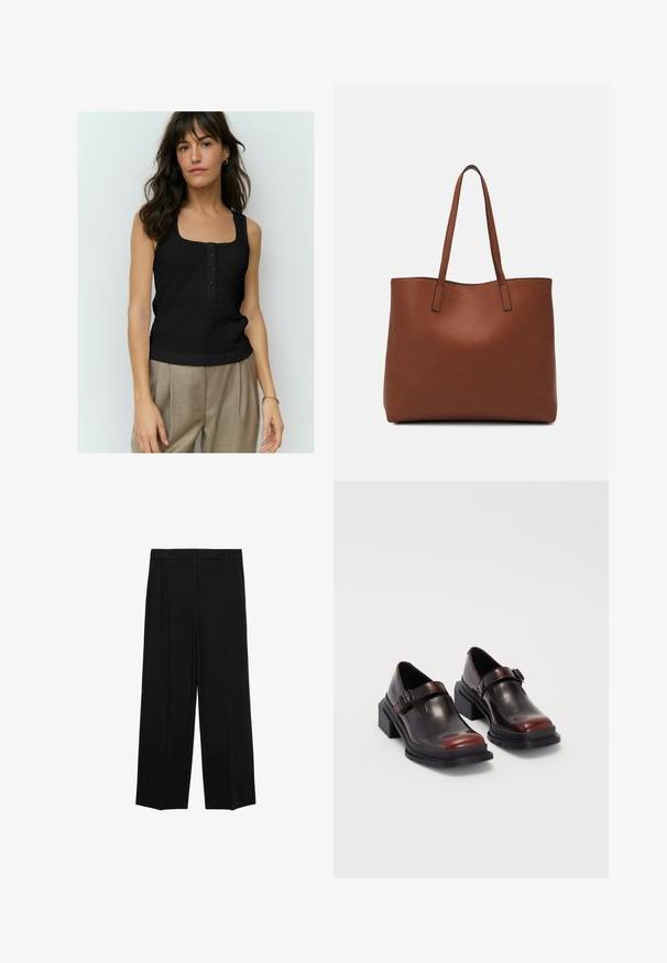 Schwarzes ärmelloses Oberteil mit einem strukturierten Muster, quadratischem Ausschnitt und vier Knöpfen auf der Vorderseite. Gestylt mit beigen, hochgeschnittenen Hosen.; Schwarze weit geschnittene Hosen aus glattem Stoff, mit Falten an der Vorderseite und seitlichen Taschen, entworfen in einem geraden, lässigen Schnitt.; Leder-Blockabsatzschuhe mit glänzender dunkelburgunderfarbener Oberfläche, ausgestattet mit einem Schnallenriemen und einem runden Zehendesign. Texturierte Außensohle für besseren Grip.; Braune Leder-Tote mit glatter Textur, offenem Oberteil und zwei Schulterriemen. Verfügt über minimale Nähte und keine sichtbaren Beschläge.