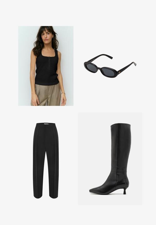 Crna majica bez rukava s teksturiranim uzorkom, četvrtastim izrezom i četiri gumba sprijeda. U kombinaciji s bež hlačama visokog struka.; Crne široke hlače s visokim strukom, s glatkom teksturom i dva prednja nabora. Dizajnirane s čistim, krojenim oblikom.; Zign Čizme - black; Crne velike sunčane naočale s ovalnim staklima, glatkim plastičnim okvirom i zlatnim detaljima na sljepočnicama. Tamna stakla pružaju zaštitu od sunca.
