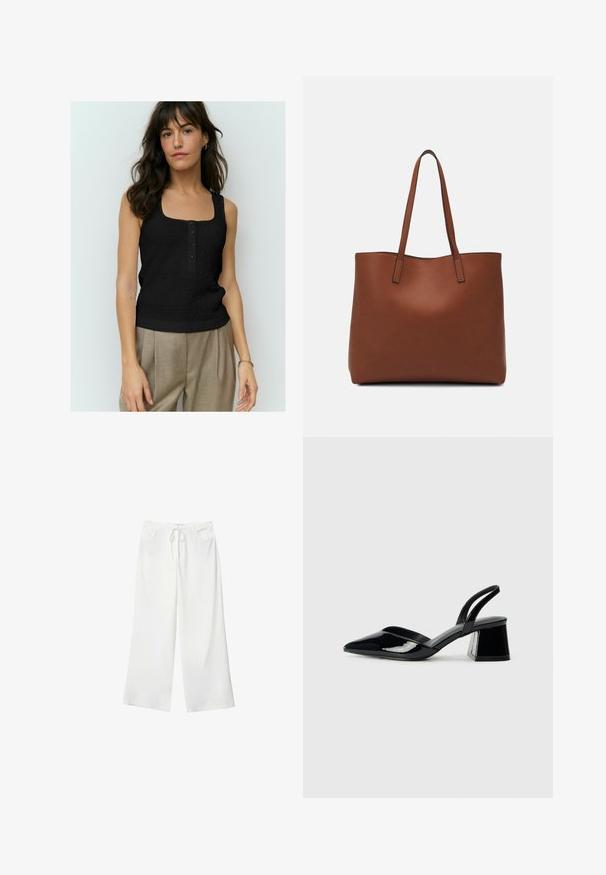 Musta hihaton paita, jossa on tekstuuri, neliökaula-aukko ja neljä etunappia. Yhdistetty vaaleanbeigeihin korkeavyötäröisiin housuihin.; Valkoiset leveälahkeiset housut pehmeästä kankaasta, jossa on kiristysnyöri vyötäröllä ja kaksi etutaskua. Sujuva rakenne ilman näkyviä kuvioita.; Mustat patentoitu nahkakengät, joissa on säären takaosa ja terävä kärki, sekä geometrinen palikkakorko. Sisältää tyylikkään, minimalistisen muotoilun ja sileän pinnan.; Ruskea nahkainen olkalaukku, jossa on sileä pinta, avoin yläosa ja kaksi olkahihnaa. Omaavat vain minimaalisen ompelun eikä näkyvää metalliosaa.