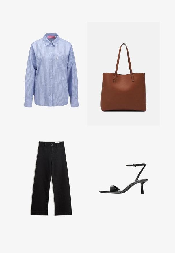 Light blue button-up shirt with vertical white and red stripes, long sleeves, and a single chest pocket; made of textured fabric.; Black wide-leg denim pants with a high waist, featuring front and back pockets, stitched seams, and a button closure. Smooth texture.; Bershka High heeled sandals - black; Brown leather tote bag with a smooth texture, open top design, and two shoulder straps. Features minimal stitching and no visible hardware.