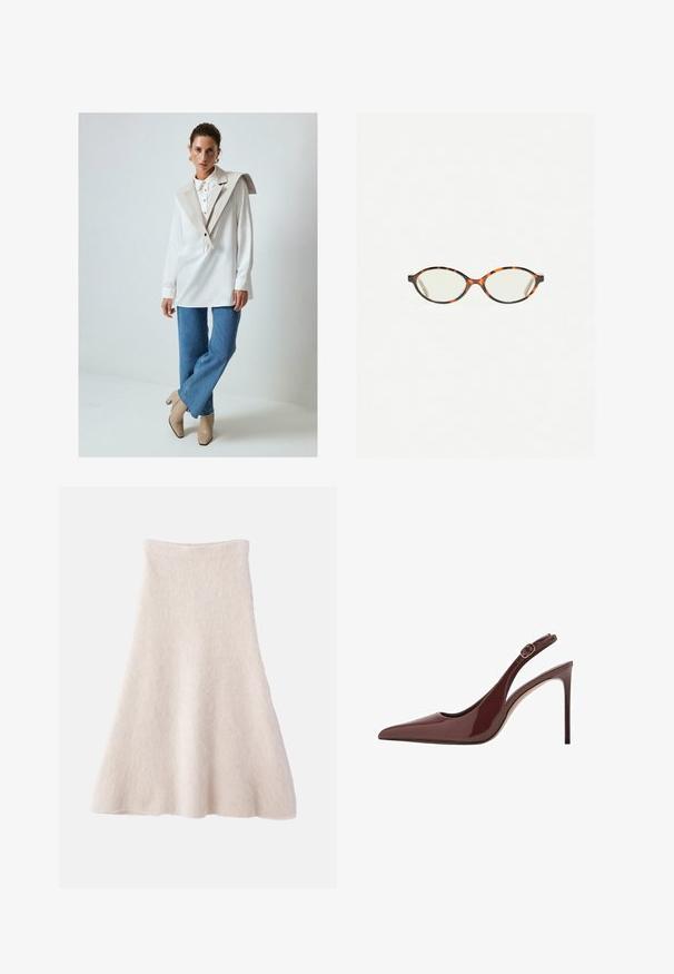 Bijela košulja dugih rukava s velikim bež ovratnikom i detaljima na gumbima, u kombinaciji sa svijetloplavim trapericama širom nogavicom i bež čizmama s petom.; Svijetložuta A-linija suknja izrađena od mekog, teksturiranog materijala, s glatkim pojasom i lepršavim siluetom.; Tamnosmeđi lakirani kožni salonke s oštrim vrhom, sa remenom za zakopčavanje i tanjim stiletto potpeticom.; Naočale u boji kornjače s ovalnim staklima i elegantnim, glatkim završetkom. Imaju tanke strane s suptilnom krivuljom na sljepoočnicama. Prozirna stakla.