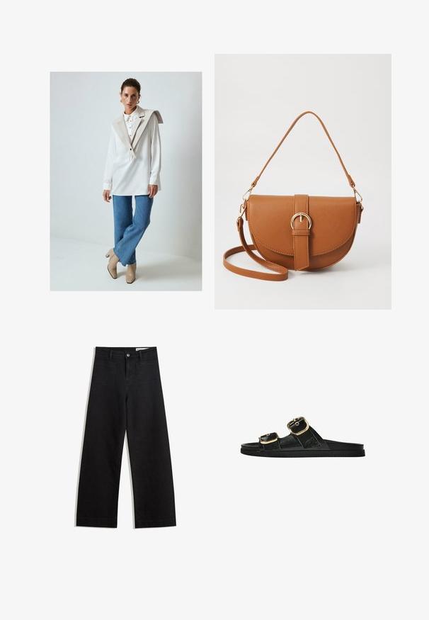 White long-sleeve shirt with a large beige collar and button details, paired with light blue flared jeans and beige heeled boots.; Black wide-leg denim pants with a high waist, featuring front and back pockets, stitched seams, and a button closure. Smooth texture.; Black slide sandal with two gold buckle accents, smooth textured material, flat sole, and a minimalist design.; Brown leather crossbody bag with a curved shape, gold hardware, and a buckle accent. Features a detachable shoulder strap.