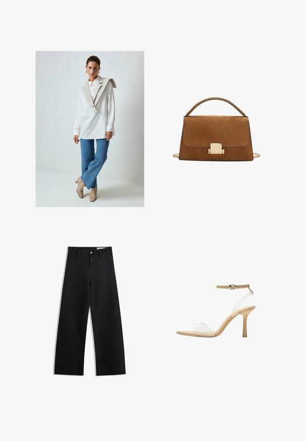 Weißes Hemd mit langen Ärmeln, großem beigen Kragen und Knopfdetails, kombiniert mit hellblauen Schlagjeans und beigen Absatzstiefeln.; Schwarze weit geschnittene Jeans mit hoher Taille, ausgestattet mit Vorder- und Hintertaschen, gesteppten Nähten und einem Knopfverschluss. Glatte Textur.; Durchsichtige Sandale mit transparentem Obermaterial, beigem Fußbett und einem schlanken Knöchelriemen. Sie hat eine spitz zulaufende Zehenpartie und einen dünnen, hohen Absatz.; Braune Wildleder-Handtasche mit einem goldenen quadratischen Verschluss, einem oberen Tragegriff und einem Kettenriegel. Sie hat eine rechteckige Form und abgerundete Kanten.