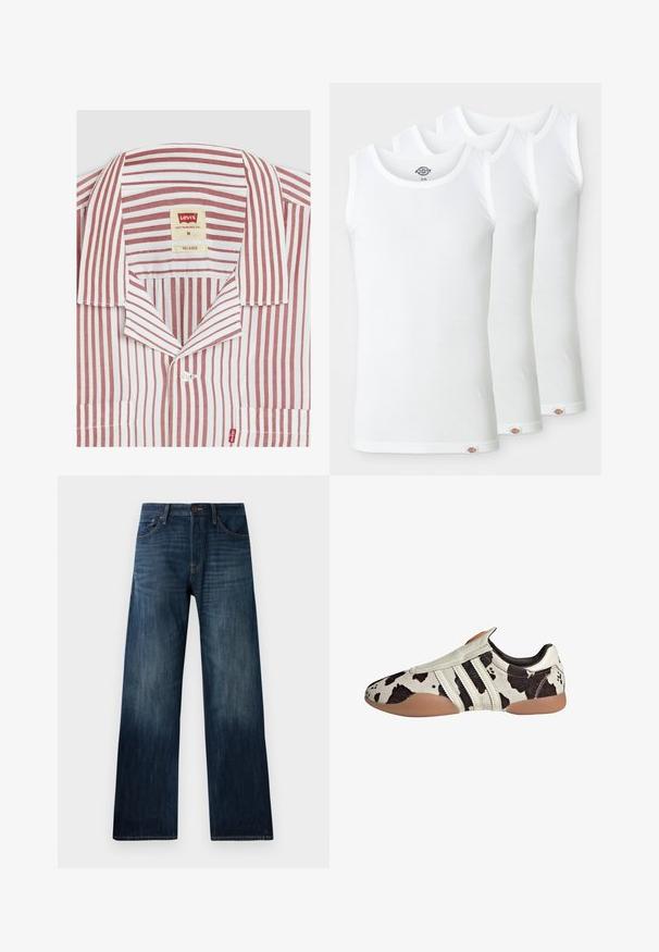Czerwono-biała koszula w paski z luźnym kołnierzykiem, przednią kieszonką oraz metką z logo Levi's wewnątrz dekoltu. Wykonana z bawełny.; Trzy białe topy na ramiączkach wykonane z prążkowanej bawełny. Każdy z okrągłym dekoltem i małą metką z logo przy dolnym brzegu. Klasyczny, prosty design.; Ciemnoniebieskie dżinsy z prostymi nogawkami, charakteryzujące się lekką teksturą, szlufkami na pasek oraz klasycznym pięciopocketowym stylem.; Czarno-białe skórzane buty w wzory z teksturowanym wykończeniem, z trzema białymi poziomymi paskami i brązową gumową podeszwą.
