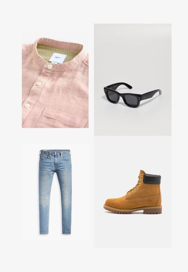 Korte mouw shirt in perziktextiel met een wit patroon, voorzien van een bandkraag, knopen aan de voorkant en een borstzak. De binnenkant heeft een gemusterde voering.; Lichtblauwe slim-fit jeans met een lichte vervaging op de dijen, knoopsluiting aan de voorkant, riemlussen en vijf-pocket styling op een witte achtergrond.; Tan suède enkelboot met zwart gevoerd kraagje, gouden metalen oogjes, witte stikdetails en een robuuste rubberen zool met uitgesproken profiel.; Zwarte zonnebril met een glanzende afwerking, rechthoekig frame, donkere lenzen en gouden logo-accenten op de pootjes. Twee gouden stippen op elke voorkant hoek.