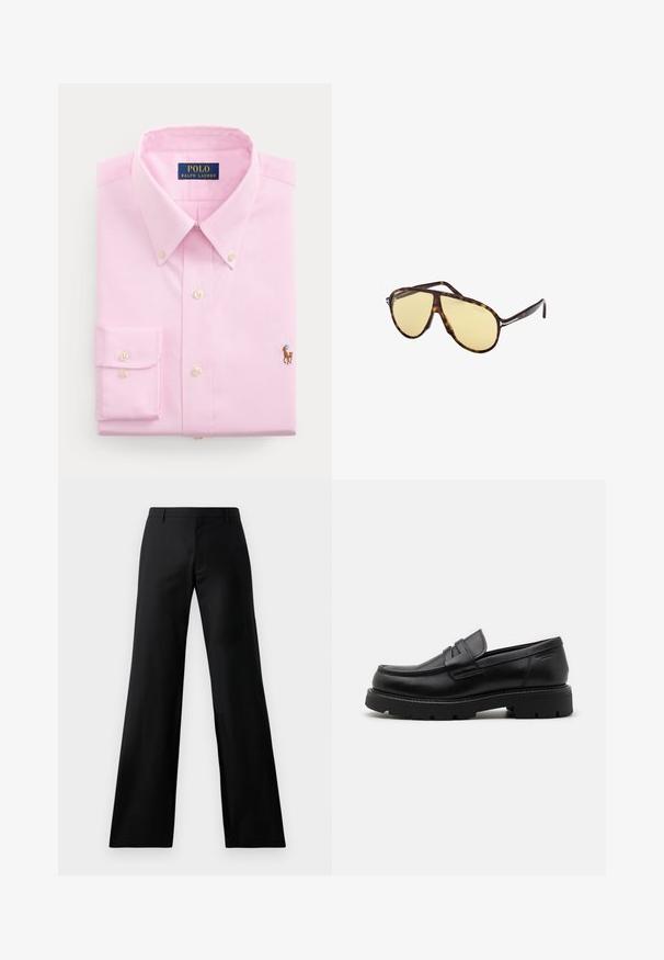 Jasnoróżowa koszula na długi rękaw z guzikami, z ostrym kołnierzykiem, perłowymi guzikami i małym haftowanym logo gracza polo na piersi.; Czarne szerokie spodnie wykonane z gładkiego materiału. Posiadają średnio osadzony pas i fałdy z przodu, co zapewnia dopasowany krój.; Czarne skórzane mokasyny z zaokrąglonym noskiem, z fakturowanymi akcentami z przodu oraz masywną gumową podeszwą z rowkami zapewniającymi przyczepność.; Okulary przeciwsłoneczne w skorupkę żółtych soczewek. Kształt awiatora z podwójnym mostkiem i metalowymi akcentami. Gładka powierzchnia i elegancki design.; Naszyjnik perłowy z zapięciem w kolorze srebra. Składa się z okrągłych białych pereł oraz dekoracyjnego centrum ozdobionego kryształkami.