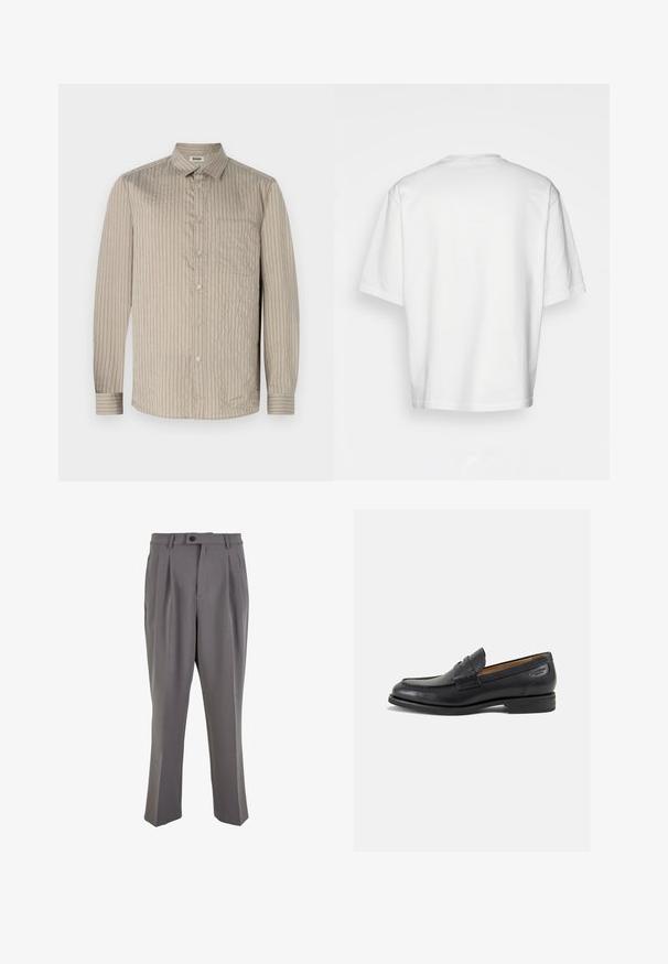 Hosszú ujjú, világos bézs színű, gombos ing, függőleges csíkokkal, gallérral és zsebbel a mellrészen. Puha tapintású, texturált anyagból készült.; Fehér, rövidujjú póló, laza szabással, kerek dekoltázzsal, sima pamut anyagból, díszítés nélküli hátrésszel, egyenes szegéllyel, minta és kiegészítők nélkül.; Sima anyagból készült szürke pliszírozott nadrág, egyenes szabással, egygombos záródással és övhurkokkal. Minimalista dizájn.; Fekete bőr loaferek sima felülettel, lekerekített orral és díszítő varrással a lábfejen. Alacsony, réteges sarkú és enyhe fényű.