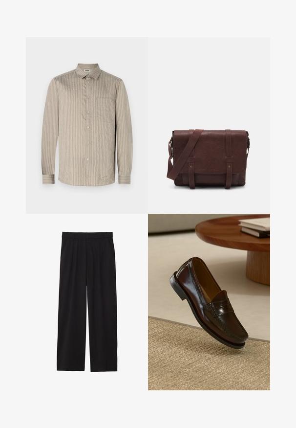 Lys beige knap-op skjorte med lodrette striber, lange ærmer, krave og en brystlomme. Lavet af struktureret stof med en blød overflade.; Sorte brede bukser med en plisseret front, sidelommer og en glat stoftekstur. Designet til en afslappet pasform.; Brune læder loafers med en blank overflade, der har en syet detalje over fronten og en lavprofil sort gummisål.; Brun læder buddeltaske med en flad frontklap, to remme, guld hardware detaljer og en justerbar skulderrem.
