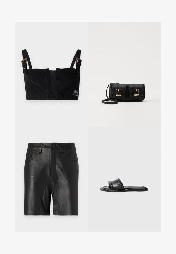 Bralette de tecido preto com design estruturado, apresentando alças ajustáveis com ferragens douradas e um detalhe de fecho central. Etiqueta anexada.; Calças curtas de couro preto com uma textura suave, apresentando um fecho frontal com zíper, fecho de botão e design clássico de cinco bolsos.; Sandal preto em couro com detalhe de fita trançada, sola plana e design elegante. Textura suave e perfil minimalista.; Bolsa de ombro em couro preto com dois bolsos frontais, fivelas douradas, fecho de zíper e uma alça fina. Superfície texturizada e forma retangular compacta.