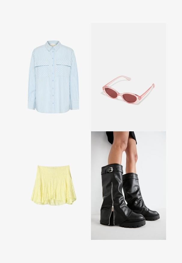 Camicia a righe blu chiaro e bianca con due tasche sul petto, colletto e maniche lunghe con dettagli nei polsini. Tessuto dalla texture liscia.; Gonna a campana gialla realizzata in tessuto testurizzato, con un design a strati e un orlo leggermente irregolare. Aspetto leggero e arioso.; Stivali alti neri in pelle con alti fianchi, dotati di cerniera laterale e accentuato con fibbia, finitura testurizzata e suola in gomma spessa.; Occhiali da sole rosa trasparenti con lenti ovali, tonalità rosso scuro e bracci sottili, dotati di una finitura liscia e dettagli sottili sulla montatura.