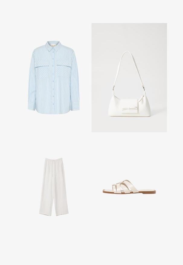Lys blå og hvid stribet skjorte med knaplukning, to brystlommer, krave og lange ærmer med manchet-detaljer. Glat stofstruktur.; Hvide bukser med bred benlængde lavet af et letvægtsstof. Har et elastisk talje med snor og sidelommer. Glat tekstur.; Flade sandaler med en lys gummisål, designet med tre overlappende hvide læderremme og en lille sløjfe detalje i midten.; Hvid syntetisk håndtaske med en trekantet form, flad forsideklap og sløjfedetalje, justerbar strop, glat tekstur og minimalistisk design.