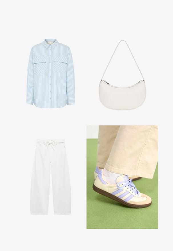Himmelblau und weiß gestreiftes Button-Up-Hemd mit zwei Brusttaschen, Kragen und langen Ärmeln mit Manschetten details. Glatte Stoffoberfläche.; Weiße, weit geschnittene Hose aus leichtem Stoff, mit einem Kordelzugbund, zwei Fronttaschen und schlichten metallischen Details.; Cremefarbene und lavendelfarbene Sneakers mit drei Streifen und einer strukturierten braunen Sohle, ausgestattet mit Schnürsenkeln und einer gepolsterten Ferse. Obermaterial aus weichem Stoff.; PULL&BEAR HALF MOON  - Handtasche - white