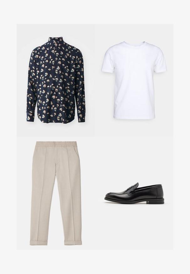 Paul Smith REGULAR FIT SHIRT - Vapaa-ajan kauluspaita - black; Valkoinen lyhythihainen t-paita puuvillakankaasta, jossa on pyöreä pääntie. Yksinkertainen muotoilu ilman kuvioita tai korostuksia. Tasainen rakenne.; Filippa K TERRY CROPPED TROUSERS - Housut - sage melange; Mustat nahkakengät, joissa on sileä pinta, pyöreä kärki ja koristeellinen nauha jalkapöydän yli. Matala pinoitu koroke, minimalistinen muotoilu.