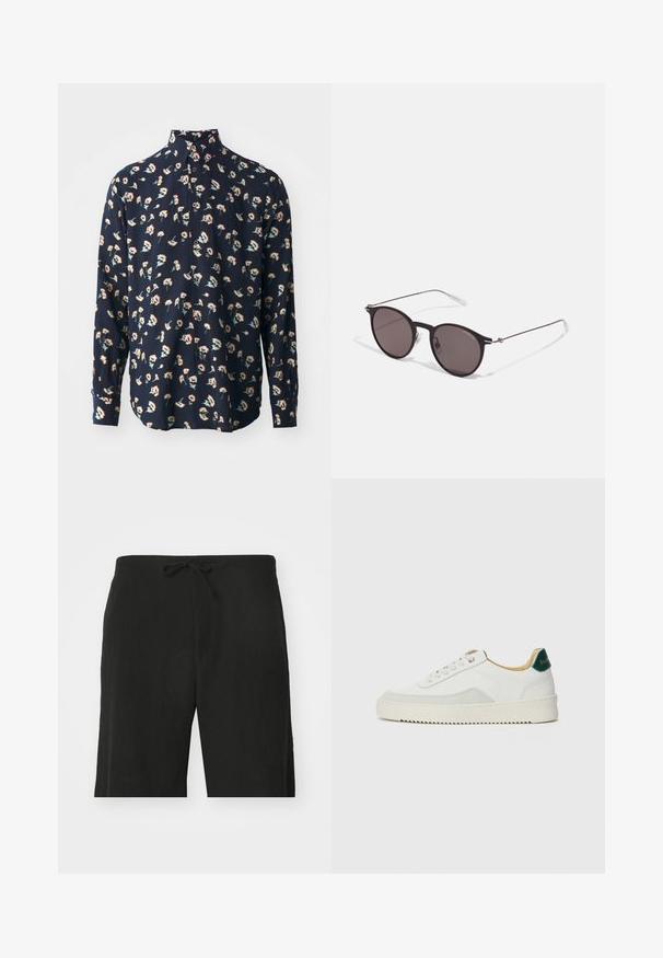 Paul Smith REGULAR FIT SHIRT - Košile - black; Černé lněné kraťasy s páskem na stažení, nabízející uvolněný střih a délku ke kolenům. Hladká textura, jednoduchý a klasický styl.; Bílé tenisky se semišovými prvky, kulatou špičkou, plochými tkaničkami a krémovou gumovou podrážkou. Na patě mají zelené logo.; Černé kulaté sluneční brýle s tmavými skly a tenkými kovovými nohami. Obsahují průhledné koncovky nožiček a stříbrné akcenty na pantu. Minimalistický design.