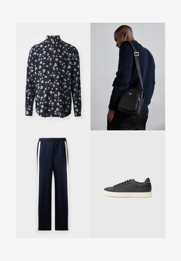 Paul Smith REGULAR FIT SHIRT - Ing - black; Tengerészek színű, széles lábbetétű melegítőnadrág, az oldalán függőleges krémszínű csíkkal. Puha, texturált anyagból készült, elasztikus derékrésszel.; Fekete bőr sportcipő alacsony profilú, lekerekített orral és fűzős záródással; texturált gumitalppal és logó részlettel a saroknál.; Fekete bőr keresztpántos táska cipzáras rekesszel, logó részlettel és márkázott állítható pánttal. Egy texturált tengerészkék pulóver mellett viselve.