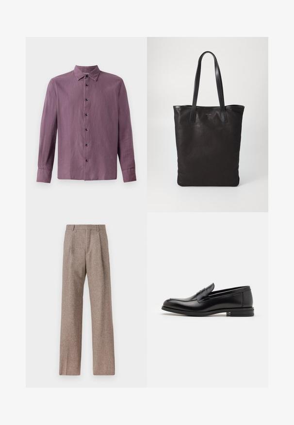 Camisa de mangas longas em tecido roxo claro, com fecho frontal de botões pretos e colarinho clássico. Textura suave, corte reto.; Calças castanhas de cintura alta feitas de tecido texturado. Apresentam pernas largas e duas pregas frontais para estrutura. Acabamento cuidadoso sem hardware visível.; Mocassins de couro preto com uma textura suave, bico arredondado e uma faixa decorativa sobre o peito do pé. Salto baixo e empilhado, design minimalista.; Saco de lona preto com alças de couro pretas. Design simples, corpo espaçoso e textura suave. Sem logótipos ou padrões visíveis.