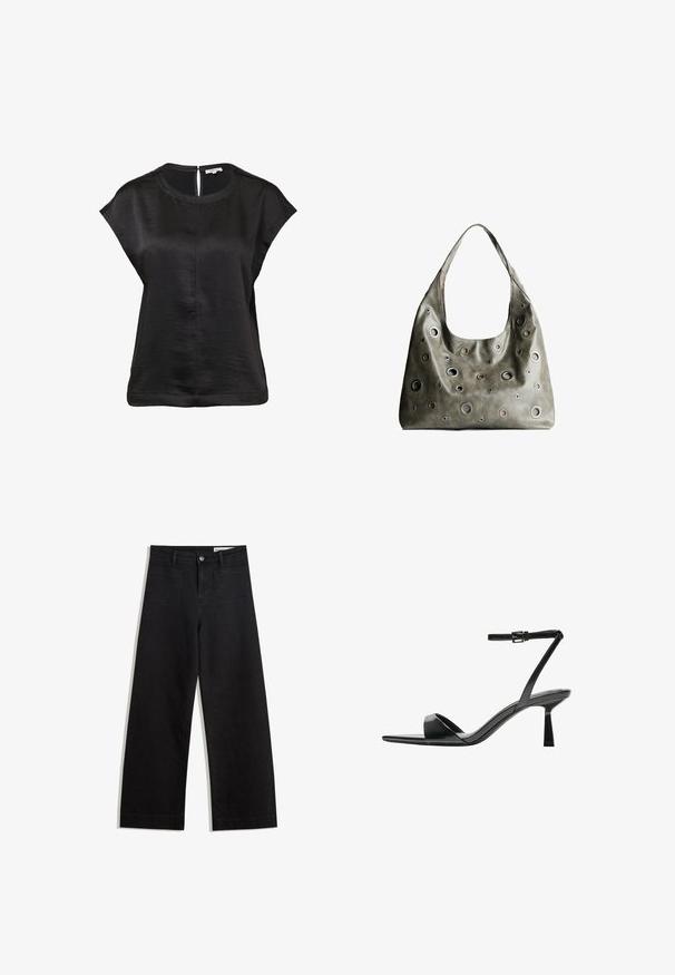 Schwarzes kurzärmliges Oberteil mit rundem Halsausschnitt, texturierter Stoff und einem Schlüsselloch-Detail im Rücken. Mit geradem Saum und minimaler Nahtverarbeitung.; Schwarze weit geschnittene Jeans mit hoher Taille, ausgestattet mit Vorder- und Hintertaschen, gesteppten Nähten und einem Knopfverschluss. Glatte Textur.; Bershka High Heel Sandalette - black; Olivgrünes Lederhandtäschchen mit einem lässigen Design, das verschiedene runde Ausschnitte in unterschiedlichen Größen und Akzente in dunkleren und helleren Farbtönen aufweist.