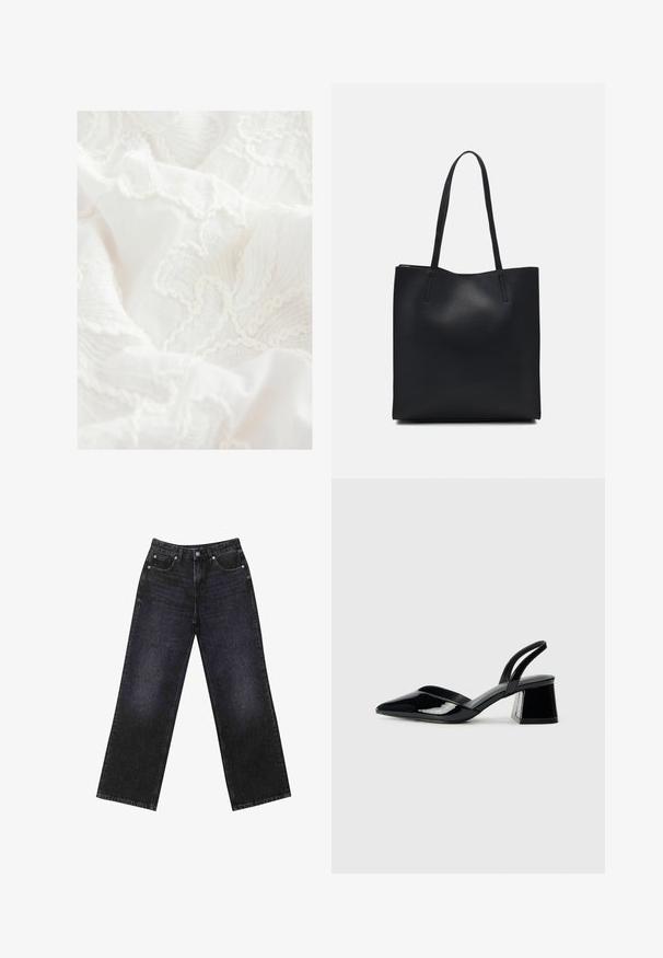 Next REGULAR FIT EMBROIDERED LONG SLEEVE - Hemdbluse - white; Hoch taillierte schwarze Jeans aus Denim mit weitem Bein, Fünf-Taschen-Design und sichtbaren Nähten. Der Stoff hat eine glatte, leicht strukturierte Oberfläche.; Schwarze Lackleder-Slingback-High Heels mit spitzem Schuh und einem geometrischen Blockabsatz. Verfügt über ein schlankes, minimalistisches Design und eine glatte Textur.; Schwarze Laptoptasche aus Leder mit glatter Textur, rechteckiger Form und zwei langen Griffen. Keine sichtbaren Beschläge oder Verzierungen.