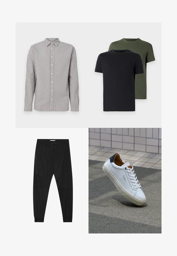 Moška srajca z dolgimi rokavi v svetlo bež barvi z navpičnimi mornarsko modrimi črtami. Ima koničast ovratnik in bele gumbe spredaj.; Dve majice s okroglim izrezom v črni in olivno zeleni barvi, narejene iz mehkega bombažnega materiala. Oblikovanje je preprosto, z kratkimi rokavi in ravnim krojem.; Črne športne hlače iz teksturirane tkanine, z nastavljivim pasom, stranskim žepom na zadrgo in zoženimi manšeti.; Beli usnjeni čevelj s plavo peto, okrogelimi prsti in kontrastnimi rjavimi detajli. Ima ravne vezalke in teksturiran gumijast podplat.