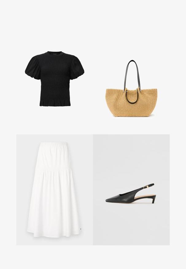 AllSaints DAEL - Bluza - black; Bela bombažna midi krila z elastičnim pasom, ki ima večstopenjski dizajn in gladko teksturo. Brez vidnih vzorcev ali kovinskih detajlov.; Črne usnjene slingback pete s koničastim nosom, nizko peto in nastavljivim gležnenim trakom, ki ima zaponko z zlatim odtenkom. Gladka tekstura.; Tote torba iz pletene slame v bež barvi, z ročaji iz črne usnje in srebrnim okovjem. Prostorna, ukrivljena oblika z teksturirano površino.