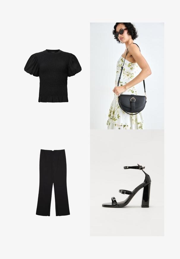 AllSaints DAEL - Blůza - black; Černé kalhoty s rovným střihem, s předními kapsami a bočními rozparky na lemu. Vyrobené z jemné, hladké tkaniny. Vhodné na různé příležitosti.; Černé lakované sandály na podpatku se čtveratou špičkou, lýtkovými pásky a stříbrnými přezkami. Disponují masivním blokovým podpatkem pro stabilitu.; Černá kožená kabelka s křivkovým tvarem, odnímatelným popruhem a zlatými detaily. Kabelka má klopu s přezkou.