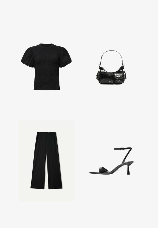 AllSaints DAEL - Bluse - black; Bershka WIDE - Bukser - black; Bershka Højhælede sandaletter / Højhælede sandaler - black; Sort patenteret læder håndtaske med en buet form, en skulderrem, frontlommer og hardware accenter i sølvfarve.