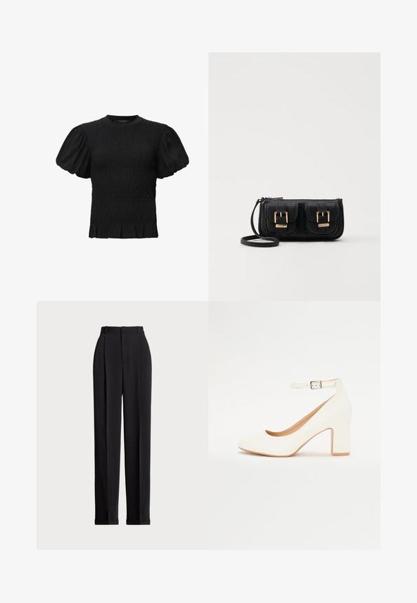 AllSaints DAEL - Blūze - black; Melnas piegriezuma bikses ar augstu jostasvietu, priekšā ar krokām, taisna kāju dizains un ar aprocēm. Izgatavotas no gludas auduma.; Baltā augstpapēžu kurpe ar mēreni asu purngalu, kvadrātveida papēdi un potītes siksniņu. Gluda virsma ar smalku spīdumu un bēšu iekšējo oderi.; Melnas ādas crossbody soma ar divām priekšējām kabatām, zelta sprādzēm, ar rāvējslēdzēju aizdari un šauru siksnu. Strukturēta virsma un kompakta taisnstūra forma.