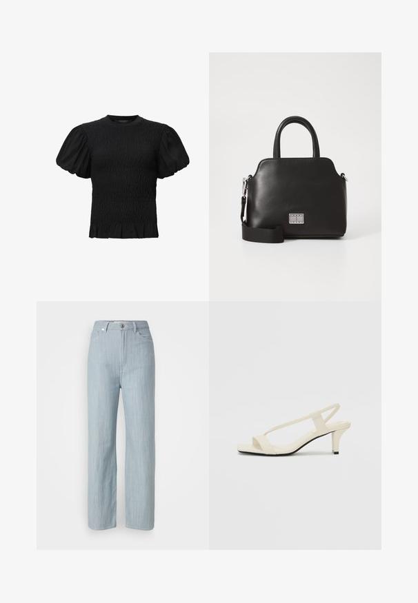 AllSaints DAEL - Bluse - black; Lysblå straight-leg jeans lavet af denim. Har fem lommer, en metal knaplukning og subtile slidser for tekstur.; Beige blokhælede sandaler med tynde remme og en firkantet tå. Glat materiale med minimal detaljering, designet til nem brug.; Sort syntetisk håndtaske med toppløftshåndtag, aftagelig skulderrem, rund form, glat tekstur og sølvlogo på forsiden.