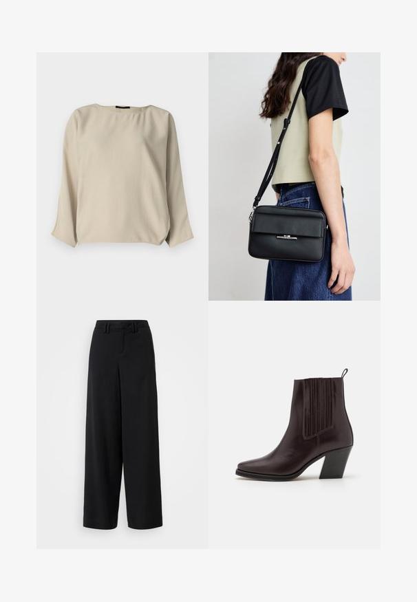 Lyse beige langærmet bluse med rund halsudskæring, afslappet pasform og let rynket sideløsning. Glat stof med en blød struktur.; Sorte brede bukser lavet af glat stof, med en flad front, plisserede detaljer og bæltestropper i taljen.; Mørkebrune læderankelstøvler med spidse tær, lodrette ribbede detaljer på siden og en mellemhøj blokhæl.; Calvin Klein LINEAR CAMERA BAG - Skuldertasker - black