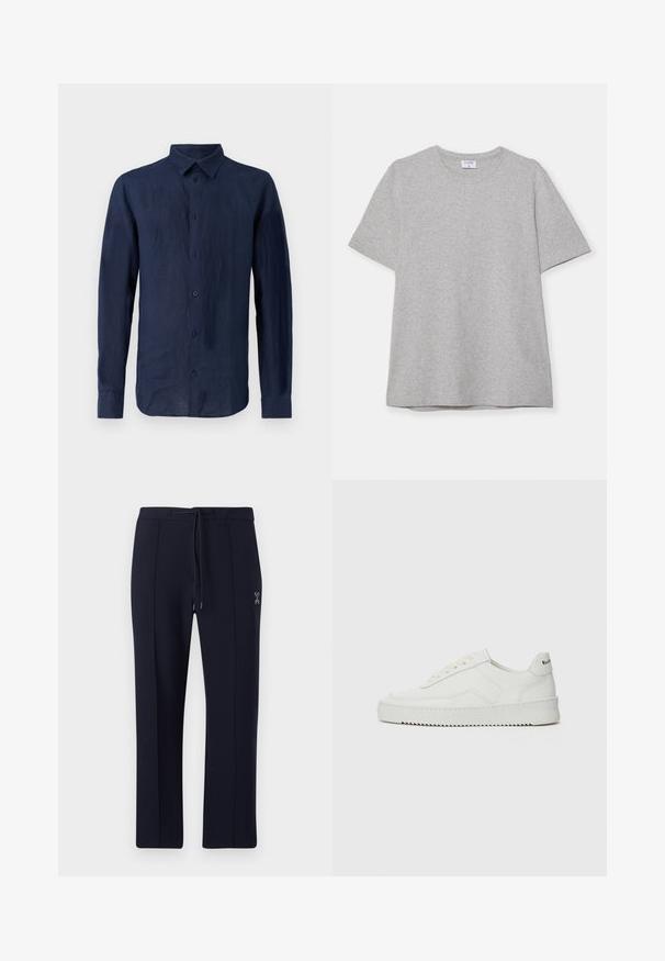 Mörkblå långärmad skjorta i linne. Har en klassisk krage, framknäppning och textil med avslappnad passform.; Grå t-shirt med kort ärm gjord av mjukt, texturerat tyg. Har en klassisk rund halsringning och en rak nederkant, lämplig för avslappnad klädsel.; Marina byxor med avslappnad passform, featuring en dragsko i midjan och sidofickor. Slät tyg med subtila frontveck och logodetalj.; Vita lädersneakers med en jämn yta, rund tå, platta snörningar och en strukturerad sula. Har en diskret logotyp på hälen.