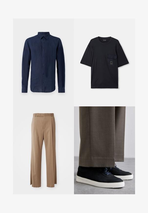 Tumedat sinine pikakäistega särk, mis on valmistatud linast. Omab klassikalist kraed, esi-nööbiplanki ja tekstuurset kangast, millel on vabalt langev istuvus.; Mustaga lühikese varrukaga ümaraks kaeluseks T-särk, millel on vasakul rinnal klapiga tasku, millel on väike ristkülikukujuline logo silt.; Kergelt pruunid kohandatud püksid sirgete jalgadega, vöökohaga, esiseame ja peidetud kinnihoidmisega, esitatud tasapinnal valgel taustal.; Mustad suleed sneakers valge kummist tallaga, ümarate varvaste ja paeltega, kantud hallide ülikonna pükste kõrval.