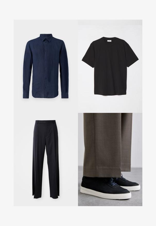 Sötétkék hosszú ujjú ing lenvászonból. Klasszikus gallérral, elöl gombos záródással és texturált anyaggal rendelkezik, amely laza fazonnal bír.; Fekete pamut póló kerek nyakkal, rövid ujjakkal és laza szabással. Egyszerű dizájn, sima textúra, látható minták vagy logók nélkül.; Fekete, magasan ültetett nadrág, széles szárai vannak, sima anyagból készült. Elülső redők és övhurkok jellemzik. Minimalista dizájn, látható fémalkatrészek nélkül.; Fekete velúr sportcipők fehér gumitalppal, kerek orrú, fűzős kialakítással, szürke, szabott nadrággal párosítva.