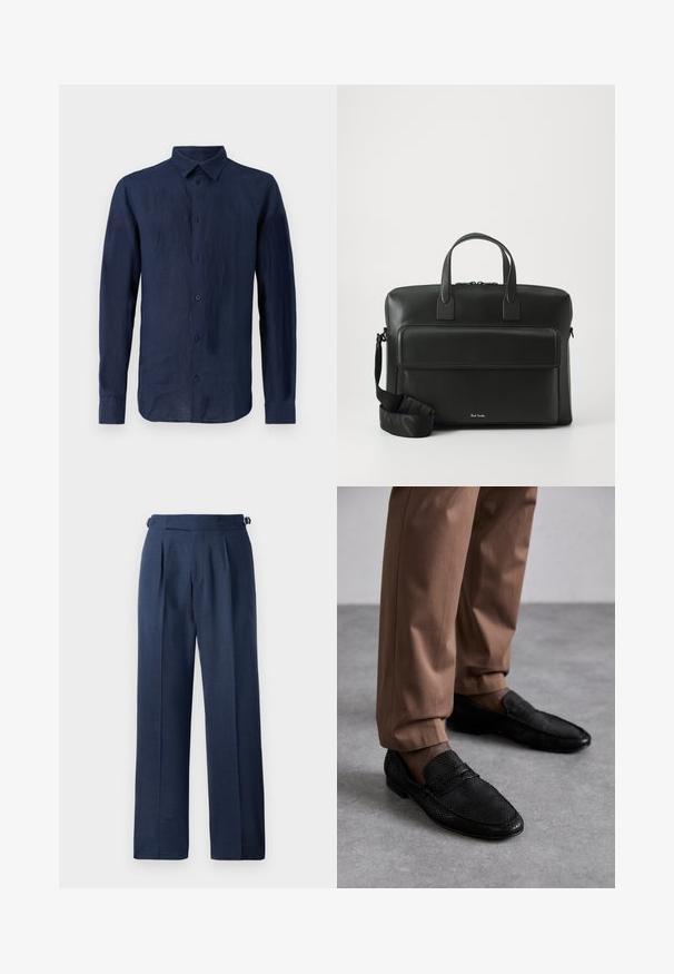 Tumedat sinine pikakäistega särk, mis on valmistatud linast. Omab klassikalist kraed, esi-nööbiplanki ja tekstuurset kangast, millel on vabalt langev istuvus.; Tumed sinise värviga kohandatud püksid, mis on valmistatud tekstureeritud kangast, kõrge talje, kortsude ja kohandatavate külgrihmadega sobivuse tagamiseks.; Mustad mustikad tekstuuriga mustad mokassiinid, millel on ümmargune varvas ja madal profiil. Kombineeritud pronksist pükstega hallil pinnal.; Must jääst valmistatud portfell kahekordsete ülemiste käepidemetega, esikoti ja eemaldatava rihmaga, millel on peen bränding allosas.