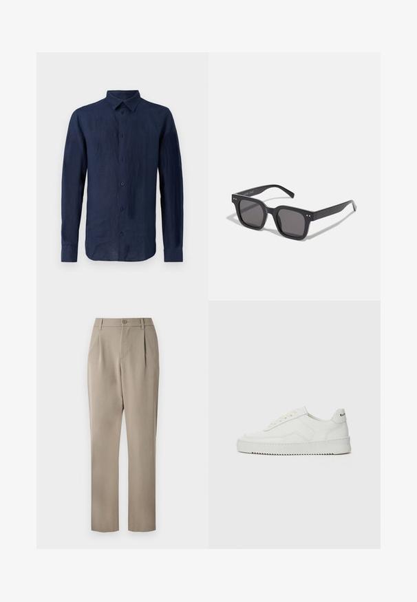 Tamsiai mėlyna ilgo rankovio marškiniai, pagaminti iš lino. Turi klasikinį apykaklę, priekinius mygtukus ir tekstūruotą audinį su laisvu siluetu.; Chaki kelnes su tiesia kojų forma, su mygtuko uždarymu ir raukiniais priekyje. Pagamintos iš sklandaus audinio su matinio paviršiaus apdaila.; Balti odiniai sportiniai bateliai su lygia apdaila, apvaliu pirštu, plokščiais raišteliais ir tekstūruotu padu. Pasižymi subtiliu logotipu ant kulno.; Juodos stačiakampės saulės akinių su tamsiais lęšiais, turinčiais storą rėmelį, subtilias detales šonuose ir be matomų logotipų, išskyrus prekės pavadinimą.; Beige audinio krepšys su dviem rankenomis, su dideliu tamsiai rudos spalvos logotipo tekstu "THE NORTH FACE" ir pusapvaliu dizaino elementu.; Sidabrinis nerūdijančio plieno kvarcinis laikrodis su juodu stačiakampiu ciferblatu, turintis analoginius rodykles, skaitmeninį ekraną ir vandeniui atsparumo etiketes.