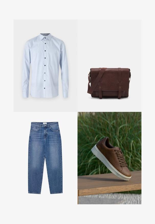 Ljusblå långärmad skjorta med knapp-ner krage, svarta knappar och mönstrad innerkrage. Slät textur, skräddarsydd passform.; Blå denimjeans med hög midja, rak benform och blekt utseende. Har fem fickor och knappstängning.; Bruna lädersneakers med vit gummisula, rund tå och bruna snörningar. Texturerat grepp på sulan och slät yta på överdelen.; Brun läder budväska med en platt framklaff, två remmar, gyllene detaljer och en justerbar axelrem.