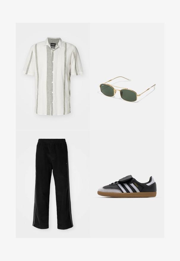 Kortermet skjorte med knapper i hvit med lys grå vertikale striper. Laget av lin, med klassisk krage og fem knapper foran.; Svart kordfløyelsbukser med avslappet passform, med elastisk midjebånd og sidelister. Glatt tekstur med vertikale ribbedetaljer.; Svart lær og grå semsket sneakers med hvite striper, gummisåle, snøring foran, og borrelås. Har "Samba" merke i gull.; Gullige metallsolbriller med grønne linser, som har en vinkelrett form og slanke armer. Designet inkluderer en tynn ramme og subtil merking på linsen.
