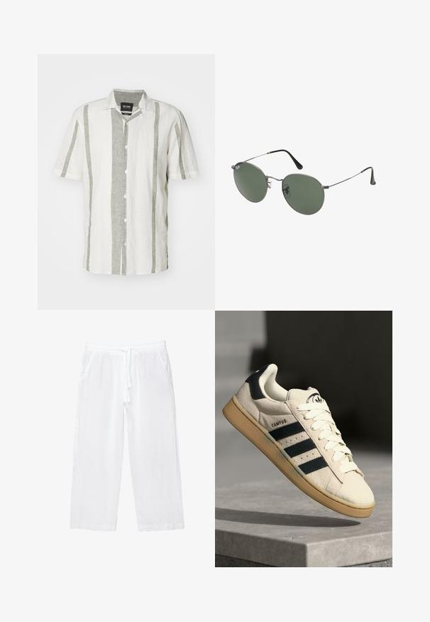 Camicia a maniche corte con bottoni di colore bianco con strisce verticali grigio chiaro. Realizzata in lino, presenta un colletto classico e cinque bottoni sulla parte anteriore.; Pantaloni cropped bianchi in lino con vita elasticizzata, coulisse e due tasche laterali. Texture morbida e design leggero per il massimo comfort.; Sneaker in suede beige con tre strisce blu scuro, lacci bianchi e suola in gomma beige. Presenta un logo sulla linguetta e il testo "CAMPUS".; Occhiali da sole con montatura in metallo e lenti verdi ovali. Montatura sottile in metallo argento e terminali neri. Design minimalista, senza loghi visibili.