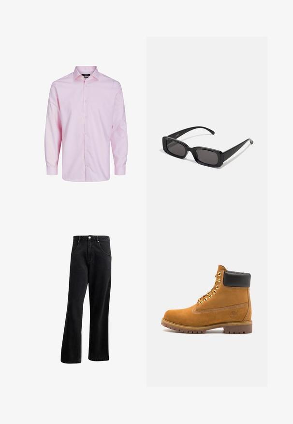 Camisa de botones de manga larga en rosa claro hecha de algodón. Presenta un cuello clásico, botones frontales y una textura suave. Diseño sencillo.; Camisa henley de manga larga gris hecha de tela de canalé, que cuenta con una tapeta de tres botones y un escote redondo con una forma ligeramente ajustada.; Jean de mezclilla negra con un diseño de pierna recta, que presenta bolsillos frontales, un cierre de botón y una ligera textura. Incluye un detalle de logo sutil.; Botín de ante marrón claro con collar acolchado negro, ojales de metal dorado, detalles de costura blanca y suela de goma resistente con tacos pronunciados.; Gafas de sol rectangulares negras con lentes oscuros, acabado brillante, patillas anchas y un diseño de marco robusto. Nombre de la marca grabado en una de las patillas.; Bolso cruzado de cuero negro con tapa, dos hebillas plateadas, costura amarilla y correa ajustable. Presenta una textura suave y un diseño compacto.