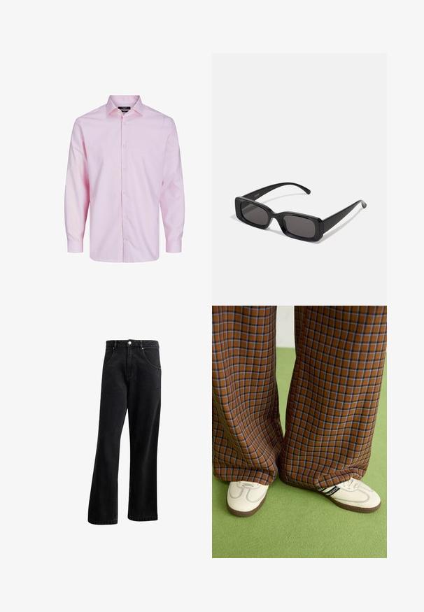 Helles rosa Langarm-Hemd mit Knopfleiste aus Baumwolle. Verfügt über einen klassischen Kragen, Frontknöpfe und eine glatte Textur. Einfaches Design.; Schwarze Denim-Jeans mit geradem Bein, ausgestattet mit Fronttaschen, einem Knopfverschluss und einer leichten Struktur. Inclusiv eines dezenten Logodetails.; Braun und blaue Karohosen mit weitem Bein, kombiniert mit weißen Schuhen mit schwarzen Akzenten und strukturierten Sohlen, vor einem grünen Hintergrund.; Schwarze rechteckige Sonnenbrille mit dunklen Gläsern, glänzender Oberfläche, breiten Bügeln und einem klobigen Rahmen-Design. Gravierter Markenname auf einem Bügel.; Schwarze Stofftasche mit einer strukturierten, gesteppten Oberfläche. Abgerundete Form, kurze, dicke Griffe und eine weiche, flexible Struktur.