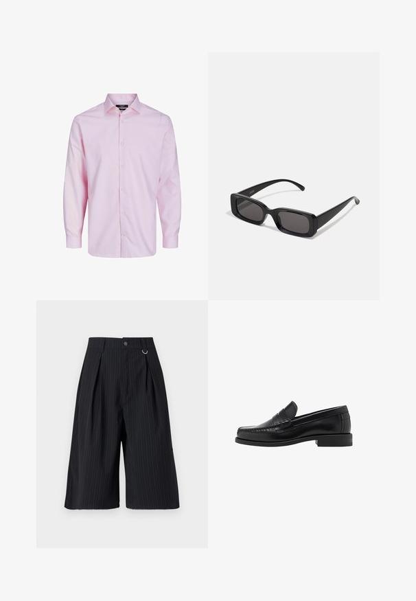 Lichtroze lange mouwen overhemd met knopen, gemaakt van katoen. Bevat een klassieke kraag, knopen aan de voorkant en een gladde textuur. Eenvoudig ontwerp.; Zwarte pinstripe shorts met plooien, een knoopsluiting en een metalen ringaccent. Glad materiaal met een getailleerde pasvorm en een knie-lange uitstraling.; Zwarte leren instappers met een gladde afwerking, gestikte details op de neus en een lage hakontwerp voor comfort en stijl.; Zwarte rechthoekige zonnebril met donkere lenzen, glanzende afwerking, brede pootjes en een robuust frameontwerp. Gegraveerde merknaam op één van de pootjes.; Zwarte leren schoudertas met een klep, twee zilveren sluitingen, gele stiksels en een verstelbare schouderband. Beschikt over een gladde textuur en een compact ontwerp.