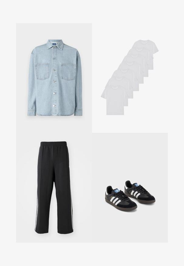 Světle modrá džínová košile s dlouhými rukávy, zapínáním na knoflíky, dvěma náprsními kapsami a klasickým límcem. Texturovaná tkanina se rovnými lemy.; Biele bavlnené trička, krátke rukávy, dizajn s okrúhlym výstrihom, hladká textúra, naskladané v rade, so subtilným brandingom na výstrihu.; Čierne teplákové nohavice s elastickým pásom, s bielymi bočnými pruhmi a voľným strihom. Vyrobené z mäkkej, elastickej tkaniny.; Čierne tenisky so zvrškom z semišu a syntetického materiálu, s tromi bielymi pruhmi, štruktúrovanou gumovou podrážkou a modrou logovou etiketou na jazyku.