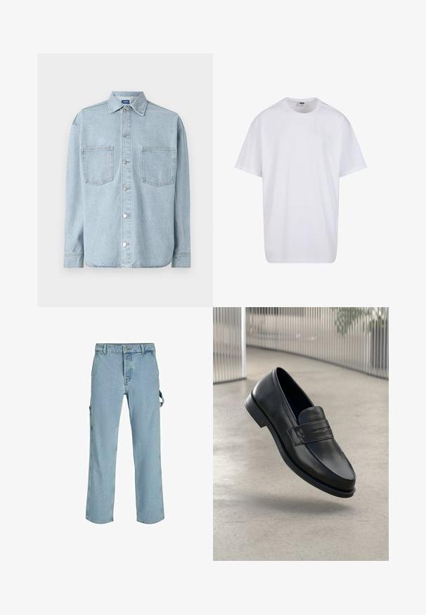 Lichtblau denim overhemd met lange mouwen, knoopsluiting, twee borstzakken en een klassieke kraag. Geweven stof met een rechte zoom.; Witte katoenen t-shirt met korte mouwen, ronde hals, relaxte pasvorm en zonder zichtbare logo's of patronen. Gladde textuur en minimalistisch ontwerp.; Lichtblauwe denim cargo pants met een ontspannen pasvorm, voorzien van zijbevestigingslussen en voorzakken, met een vervaagde textuur.; Zwarte leren loafer met een gladde textuur, spitse neus en een decoratieve band over de wreef. Lichtgewicht zool, minimalistisch ontwerp.